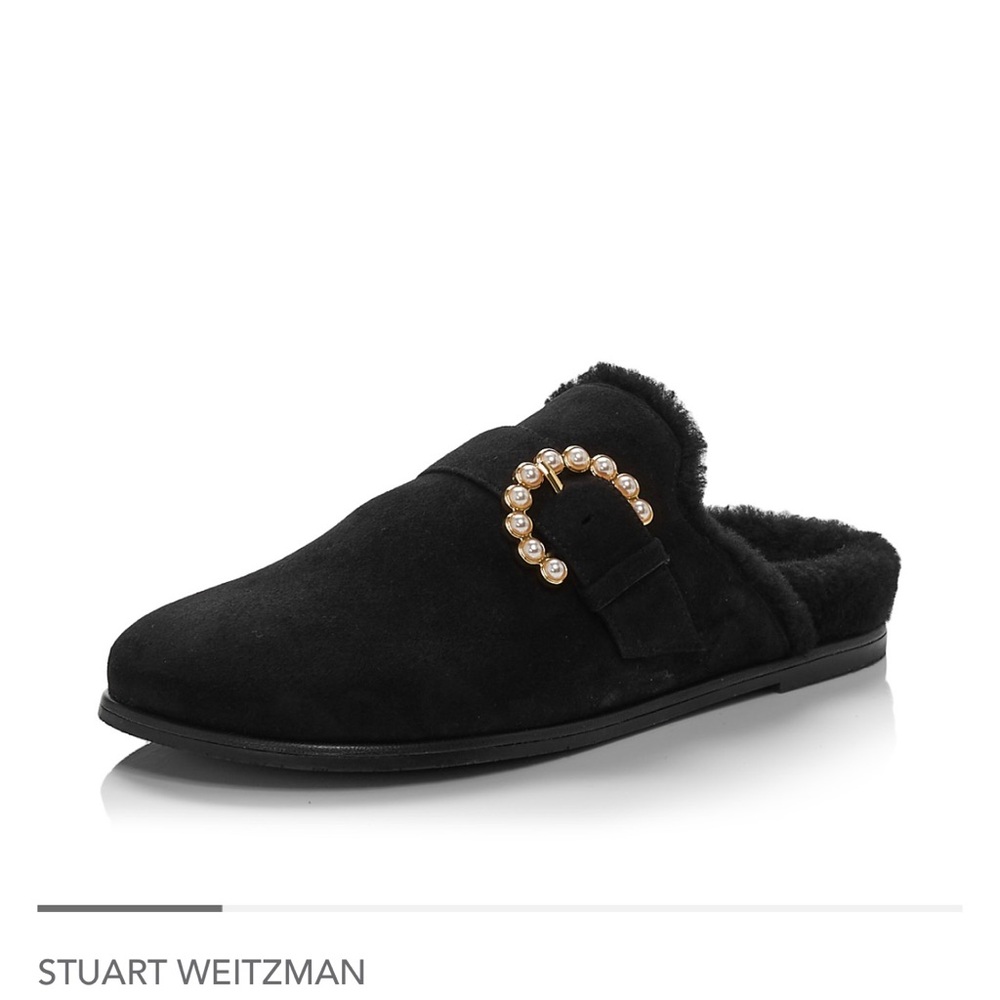 Stuart Weitzman Black Suede Mules with Pearl Accent